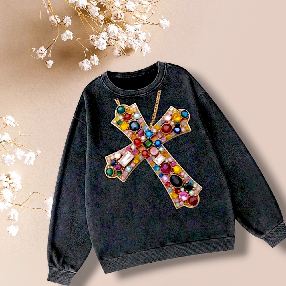 NWOT Men's Fashionable Cross Print Long Sleeve Sweatshirt in Black Size XXL